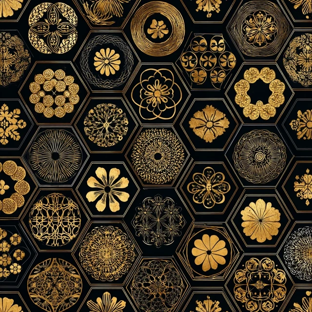 Japanese Kamon Seamless Pattern Gold on Black