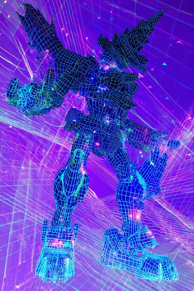 Futuristic Mecha Hologram: Cyberpunk Wireframe Design