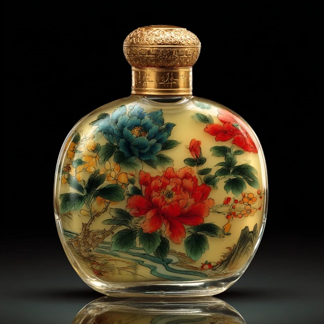 Glass Snuff Bottle with Floral Painting and Mountain View