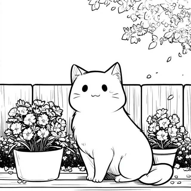 Cat in Garden Coloring Page for Kids Kawaii Style