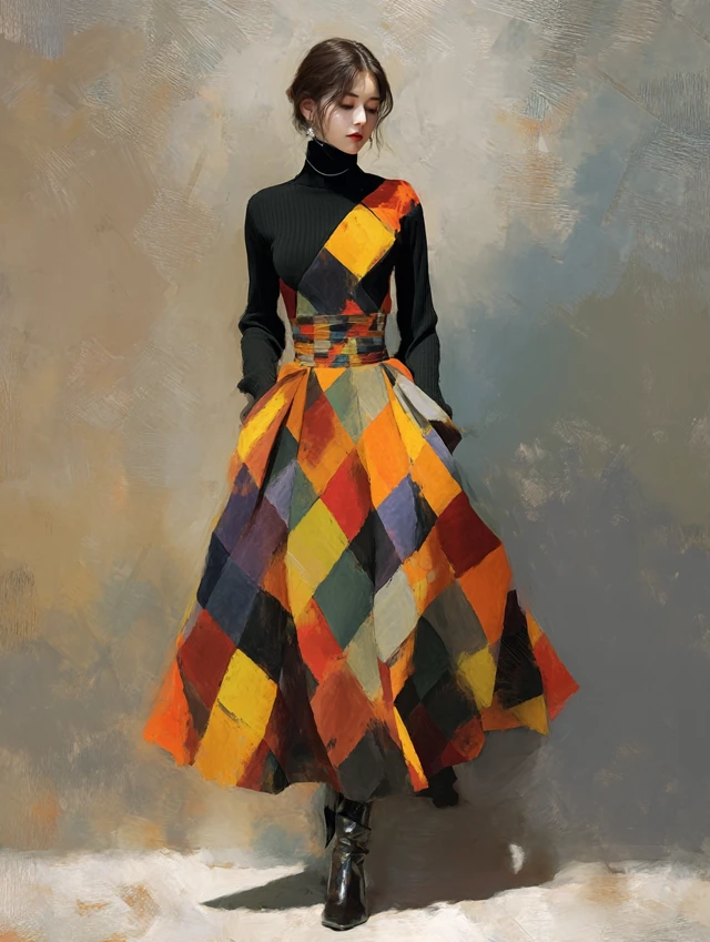 Fashion Skirt Diamond Design Bold Colors Impressionist Art