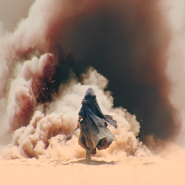Arab Warrior in Desert Facing Darkness Epic Fantasy