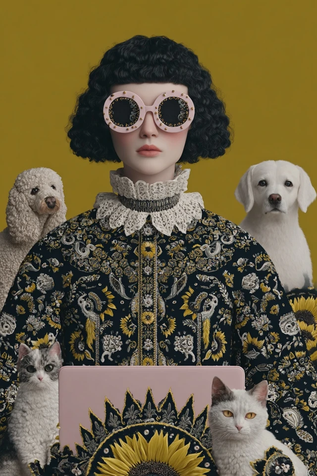Japanese NeoPop Screenwriter with Dogs Cats and Sunflowers