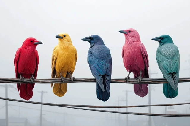 Colorful Crows Perched on Power Line