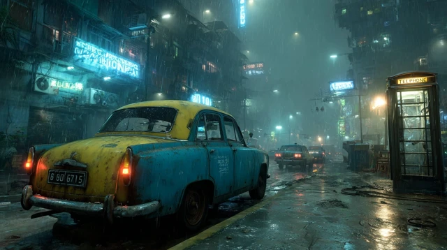 Retro Futuristic Scene Misty Streets and Neon Lights