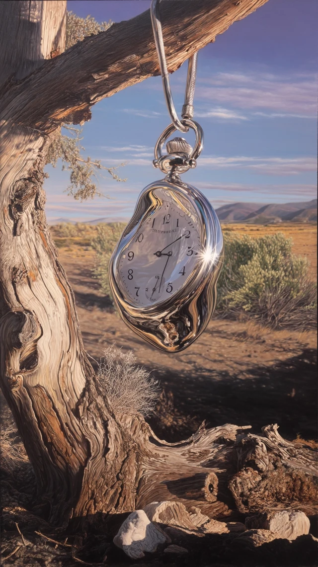 Melting Pocket Watch on Branch: Surreal Oil Painting