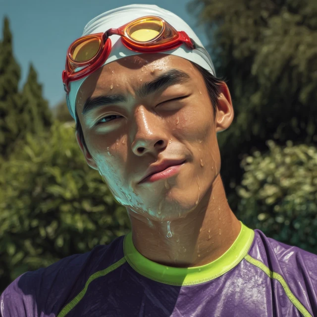 Asian Swimmer with Goggles Whimsical Portrait