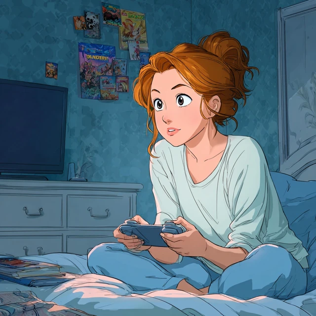Anime Woman Playing Video Games In Her Bedroom