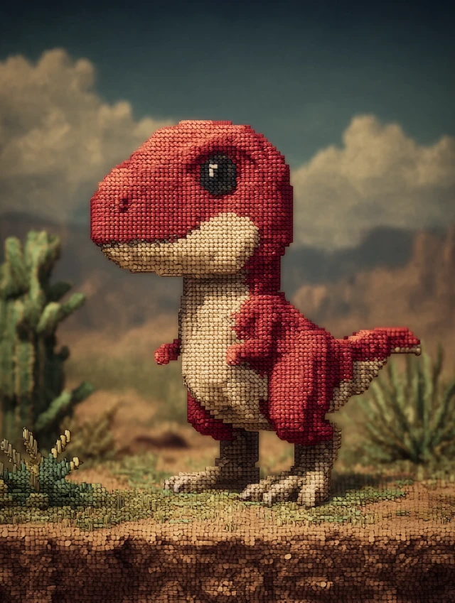 Pixel Dino in Desert Nintendo Style