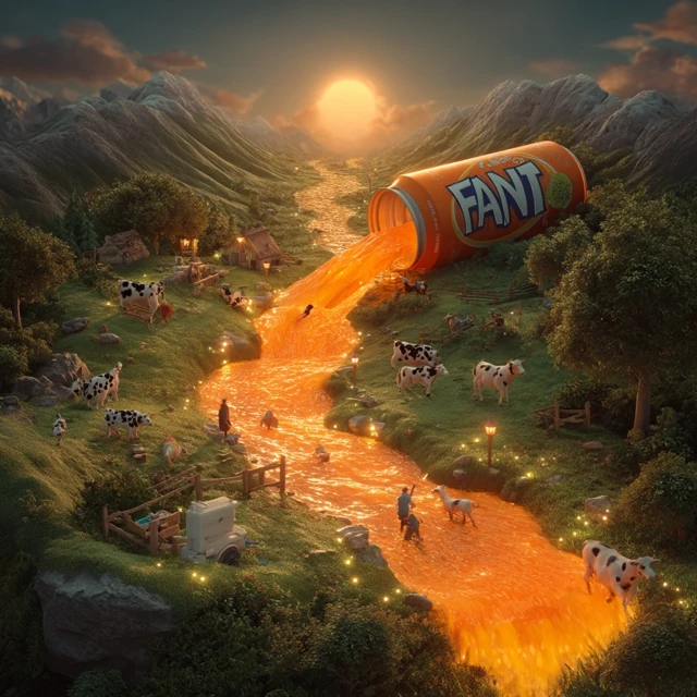 Surreal Fanta Landscape: Giant Can and Miniature World