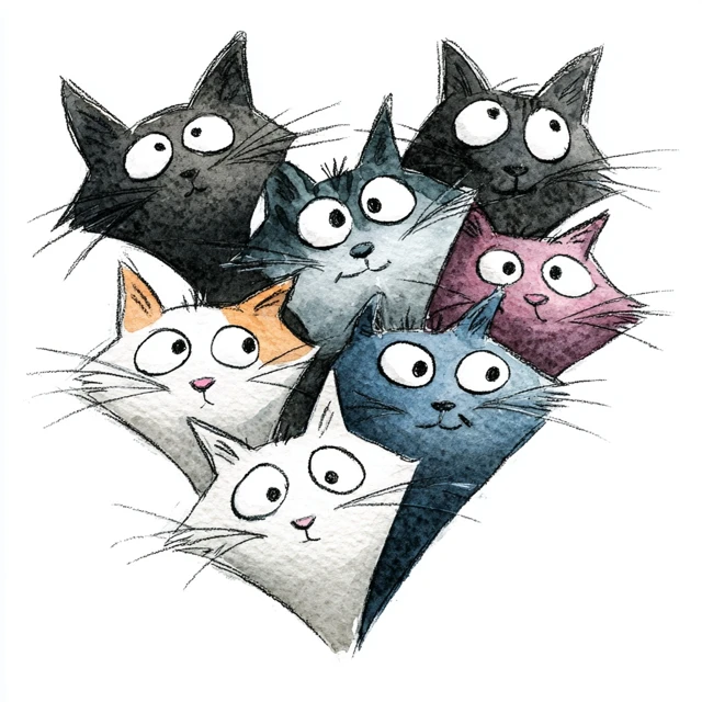 Cartoon Cat Heads Shaped as Hearts