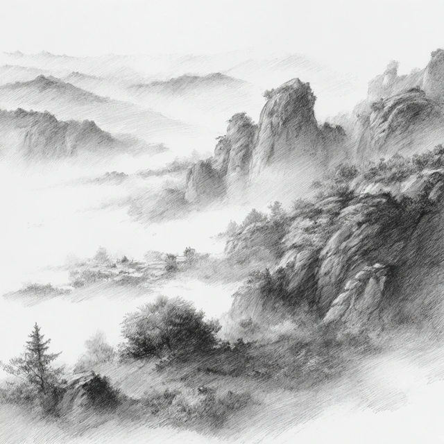 Chinese Mountain Landscape Pencil Sketch