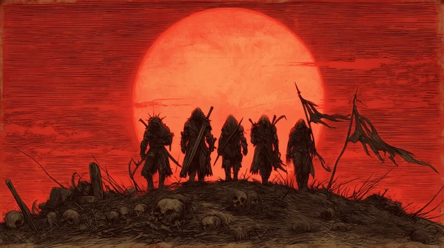 Grimdark Medieval Warriors Sunset Before Battle