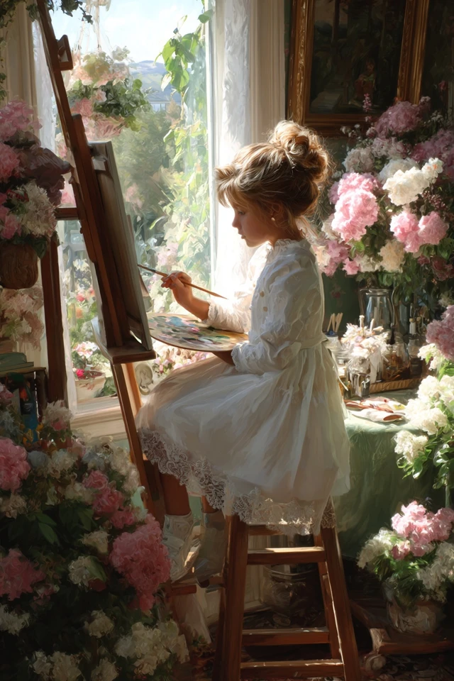 Girl Painting Flowers in Sunlight Art by Kinkade Dittmann