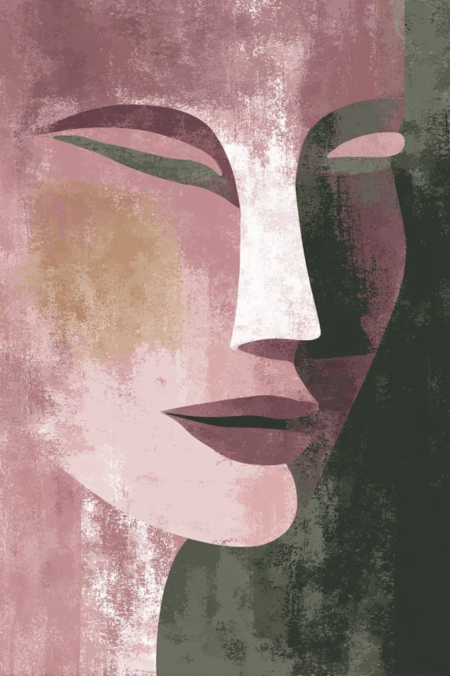 Boho Face Line Art Abstract Dusty Rose Green