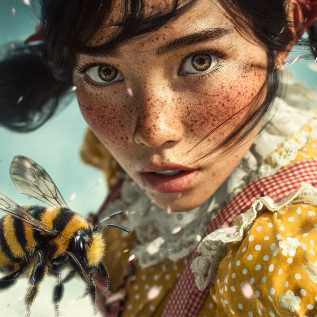 Asian Girl Freckles Chased by Bumblebee Photorealistic