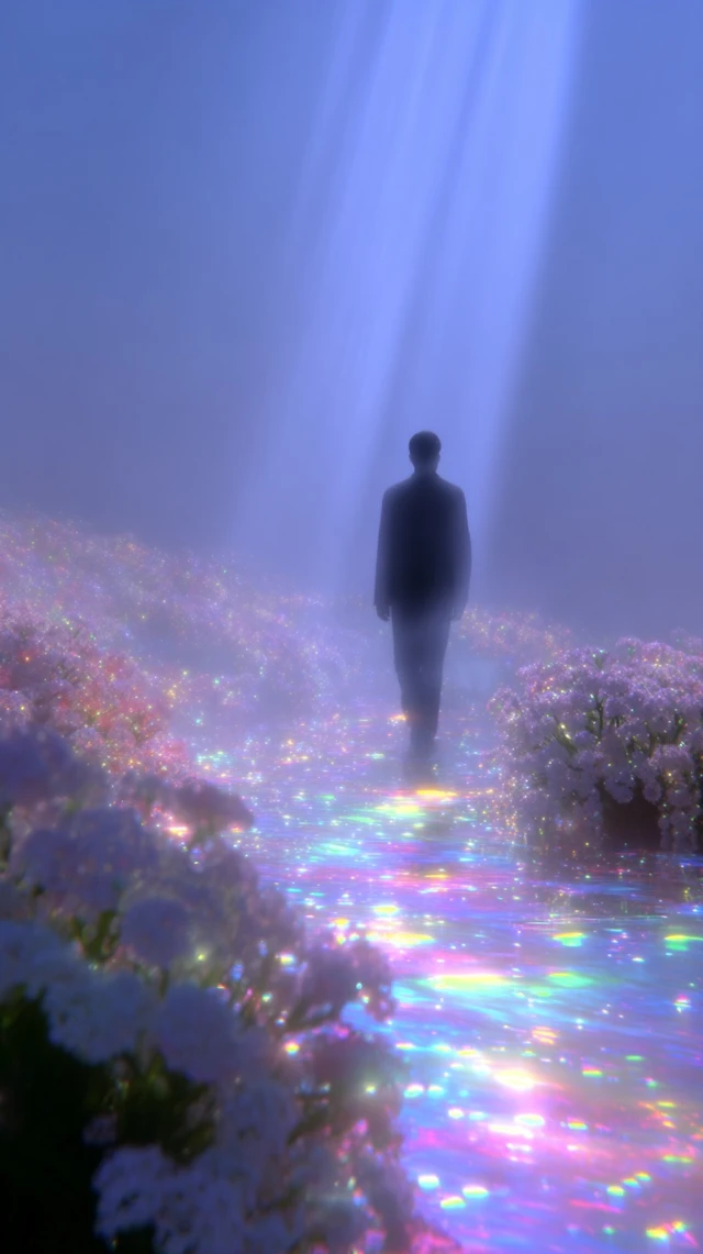 Dreamlike Silhouette Walking Through Iridescent Field