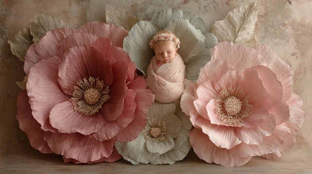 Newborn Baby Girl and Blush Paper Flowers Photo