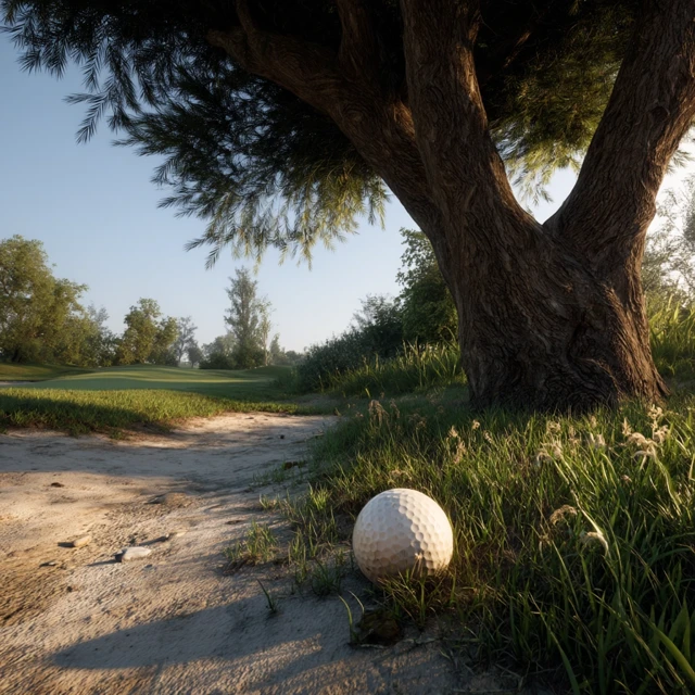 Golf Ball Next to Tree on Golf Course