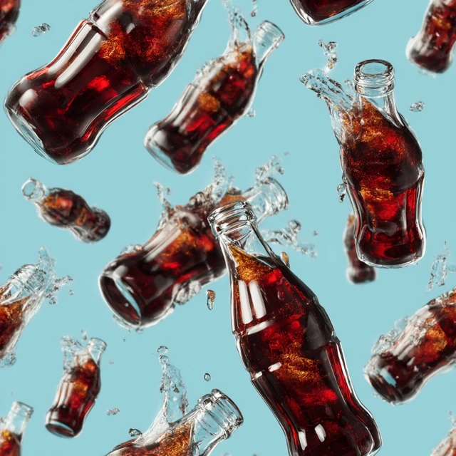 Cola Bottles Splashing Light Blue Background