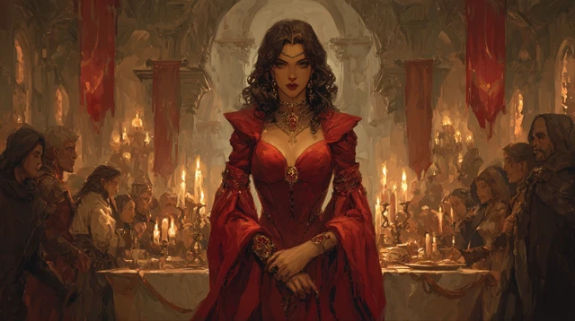 Regal Vampire Socialite in Red Robes Fantasy Art