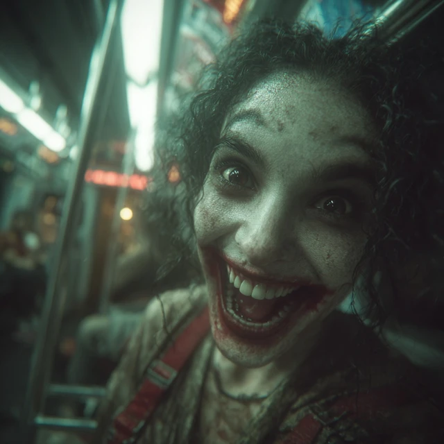 Deranged Zombie Lady on Subway Realistic Photo