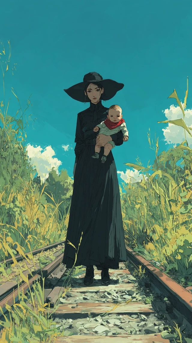 Witch and Baby Painting on Train Tracks
