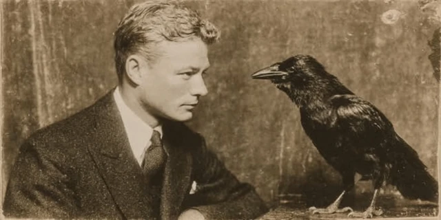 Vintage Portrait Man with Raven Sepia Tone Photograph