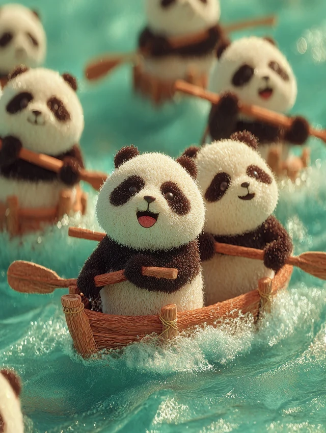 Panda Dragon Boat Rowers Illustration Art