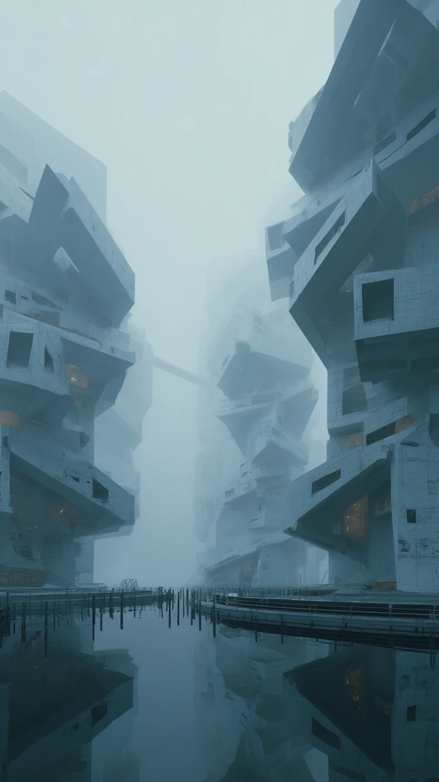 Dystopian Cityscape: Abstract Architecture in the Fog