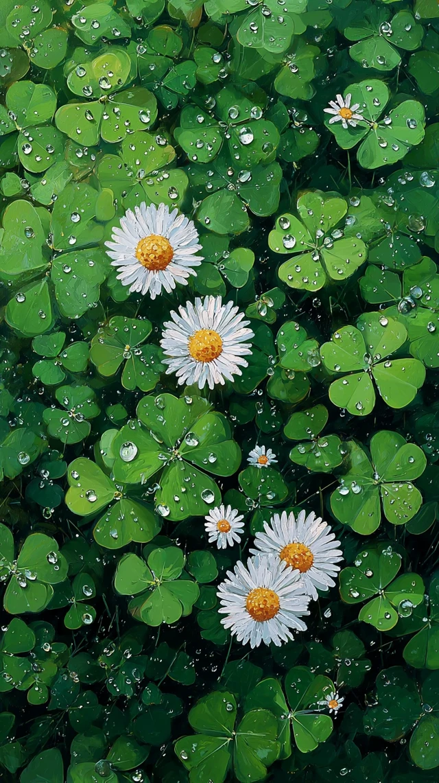 Four Leaf Clovers and Daisies After Rain