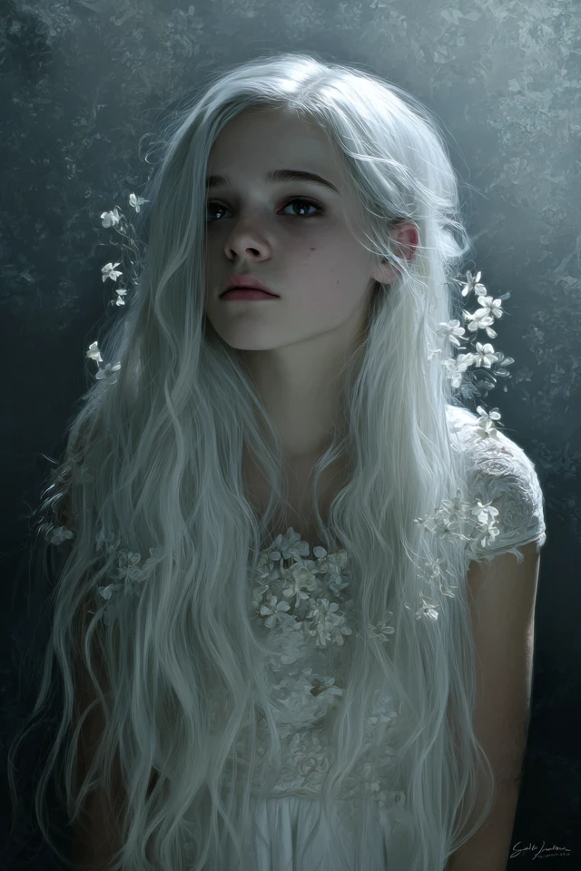 Ethereal Girl White Hair Dark Fantasy Art