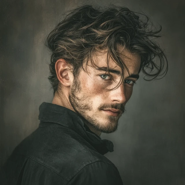 Handsome Man Portrait Dark Hair Stubble Intense Gaze