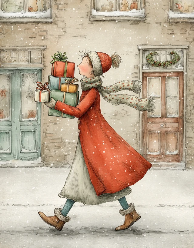 Christmas Illustration Woman Carrying Gifts