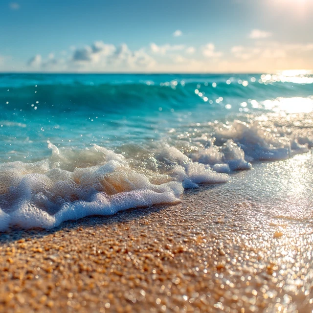 Tropical Beach Scene Golden Sunlight and Turquoise Waves