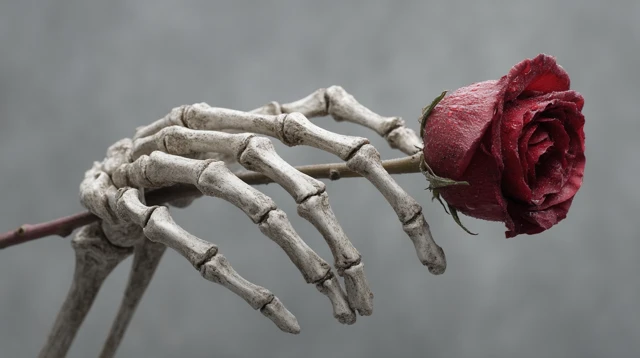 Skeleton Hand Holding a Rose: Romantic Horror Art