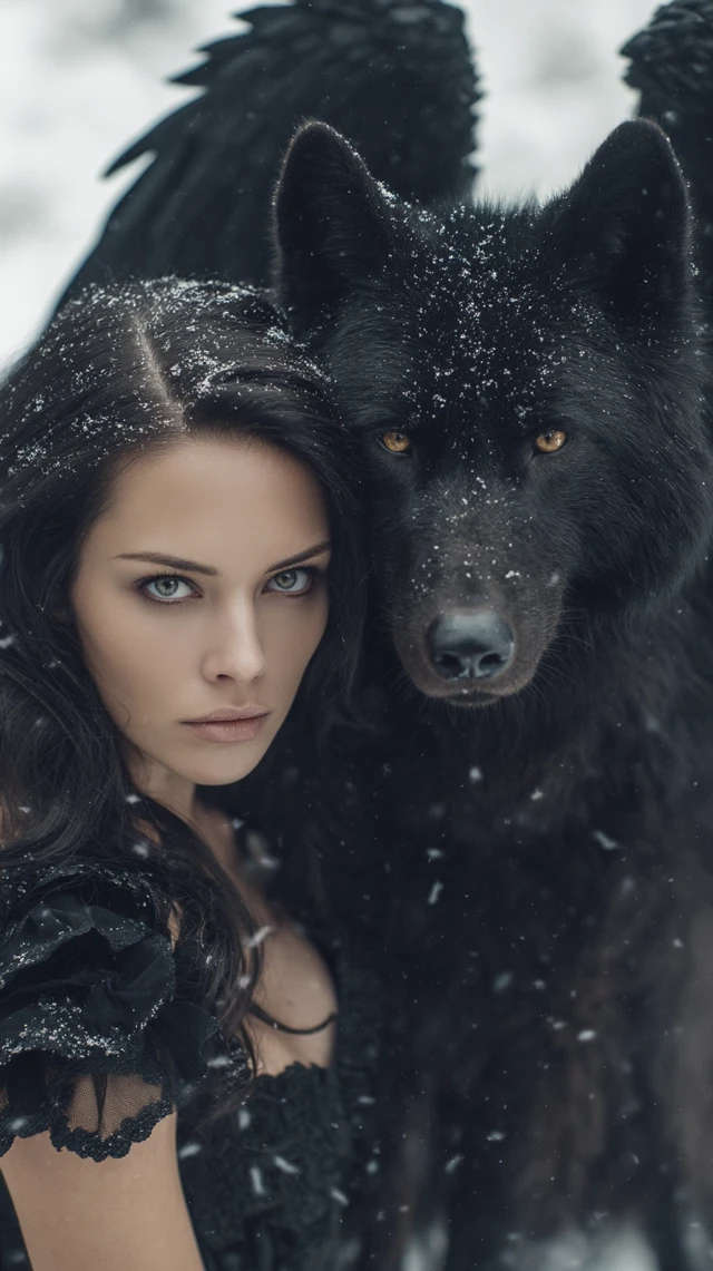 Woman with Angel Wings and a Black Wolf