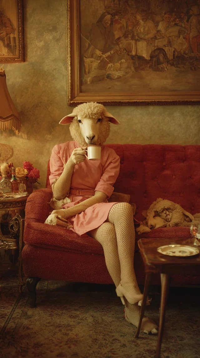 Vintage Sheep Lady Coffee Time Retro Style