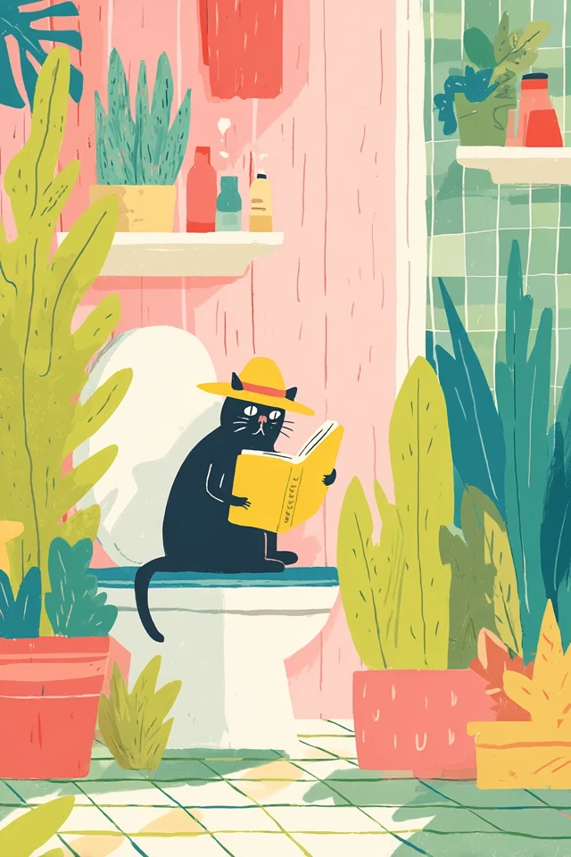 Black Cat Reading Book in Bathroom Illustration