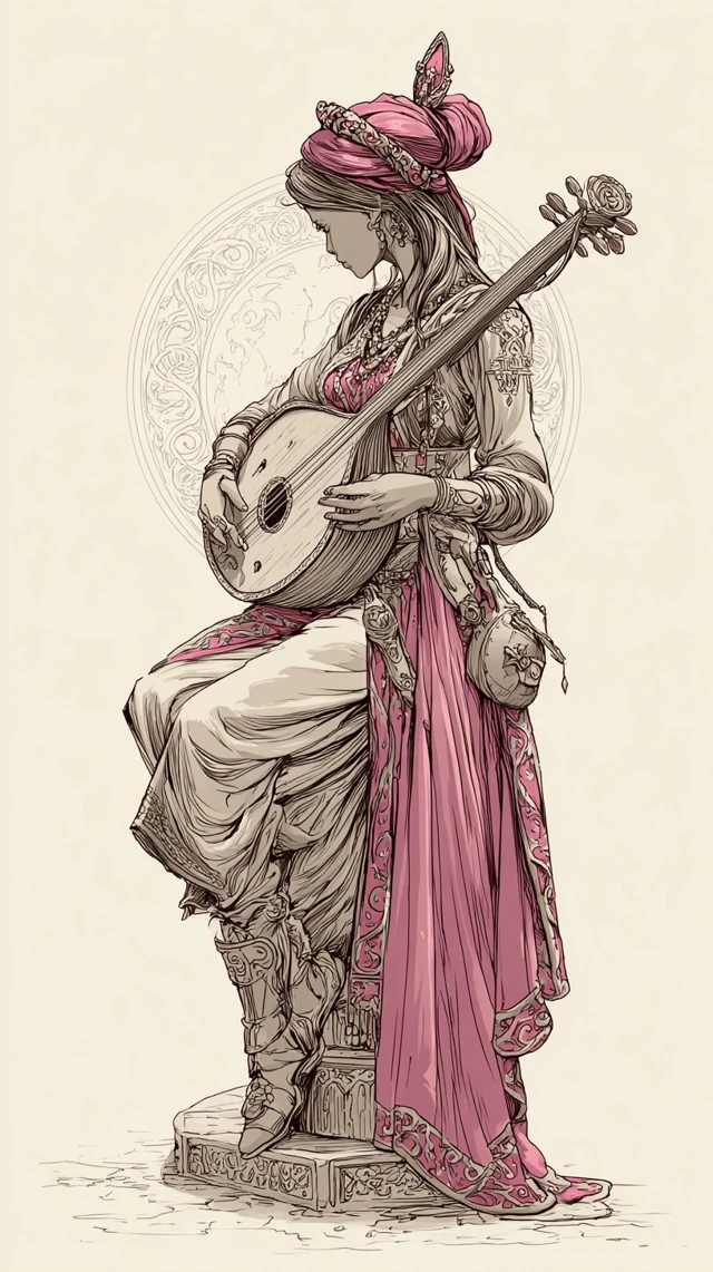 Female Bard Playing Lute in Court Illustration