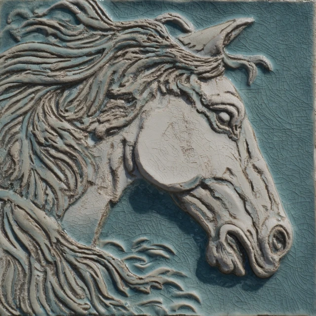 Ceramic Horse Relief Turquoise Glaze Chinese Art
