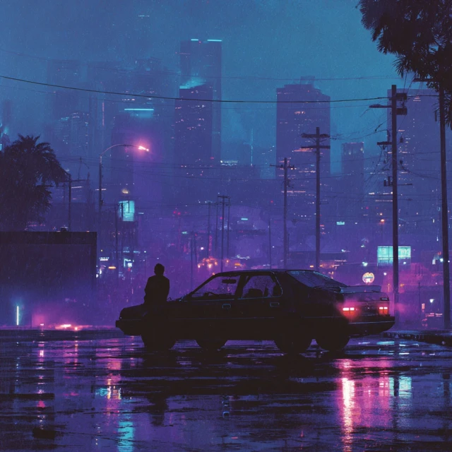 Urban Night Scene Car in Neon Houston Lights