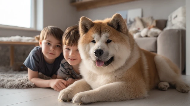 Akita Inu Dog with Children Cozy Home Scene