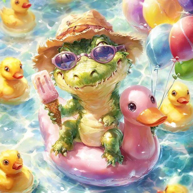 Cute Alligator with Ice Cream on a Rubber Duck