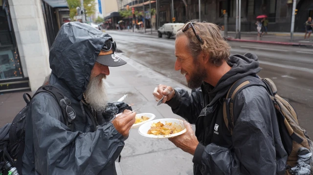 Sharing Food Kindness Homeless Man