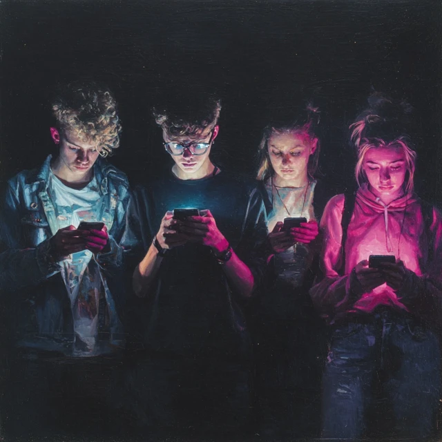 Teenagers on Phones Hyper Realistic Painting