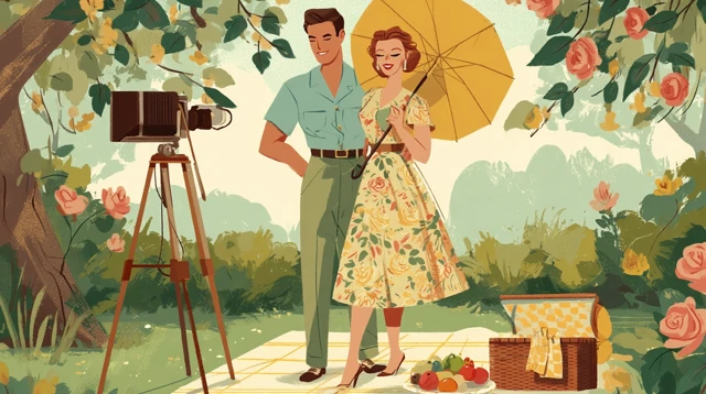 1950s Summer Picnic Illustration Retro Couple