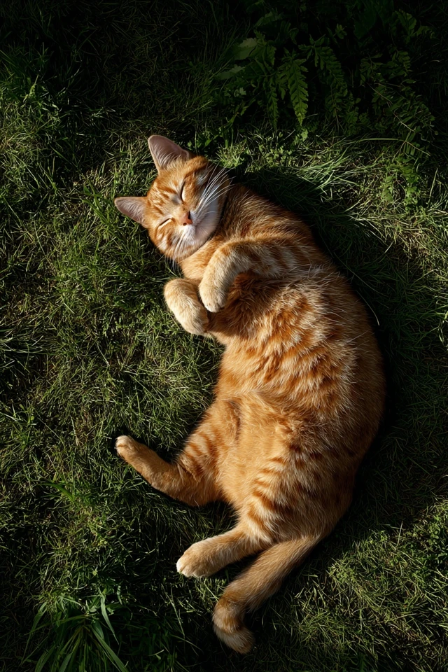Ginger Cat Relaxing on Grass in Sunlight
