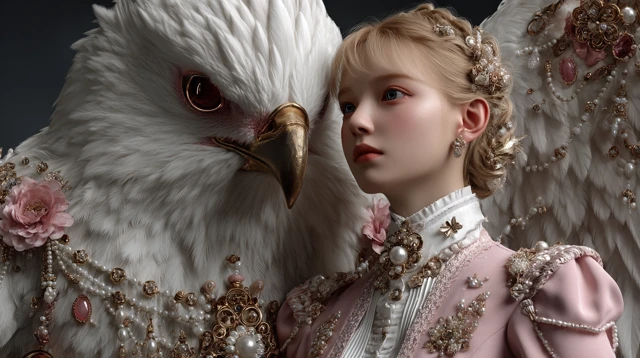 Fantasy Scene: Mythical Magpie and Korean Woman
