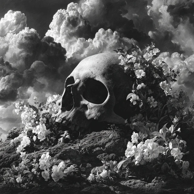 Skull and Flowers Black and White Artwork